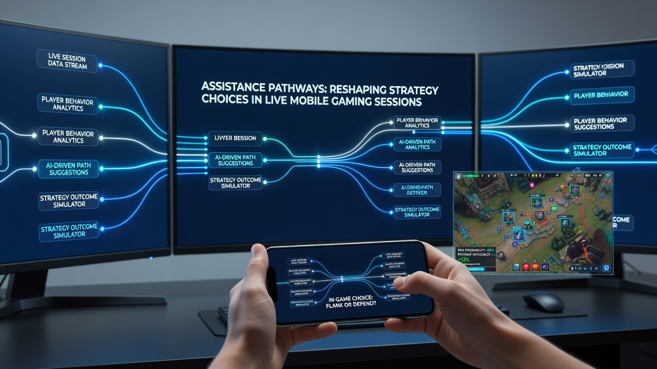 Close-up of live mobile gaming screen showing integrated support chat and strategy suggestion overlay