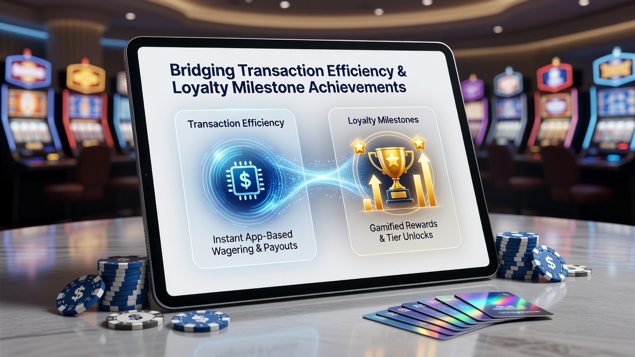 Loyalty milestone dashboard on a casino mobile app with transaction history overlay