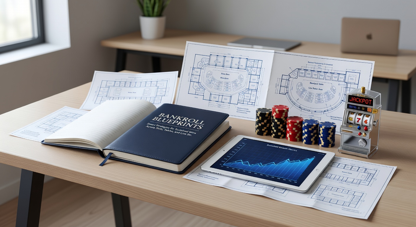 Infographic depicting table game bankroll divisions with pie charts for blackjack strategies, roulette progressions, and poker stacks amid a casino table setting