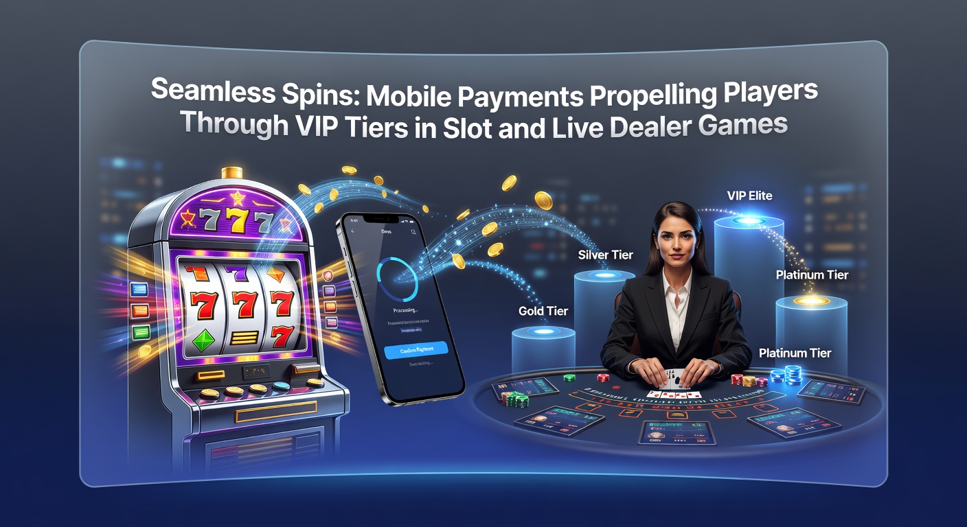 Vibrant casino VIP lounge scene on a mobile screen, showing tier progression with slot symbols cascading and live dealer roulette wheel in the background, overlaid with mobile wallet icons