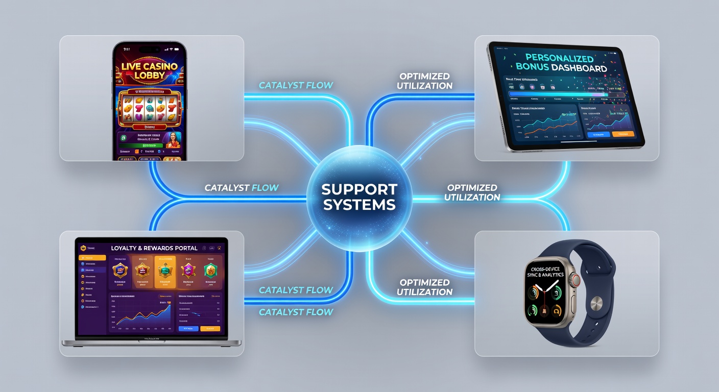 Multi-device casino interface showing bonus tracking and support chat integration on different screens