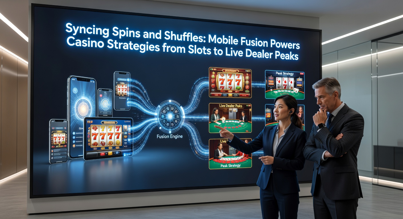 Animated graphic of slot reels merging into a live dealer card shuffle on a mobile interface, highlighting strategy syncing in action